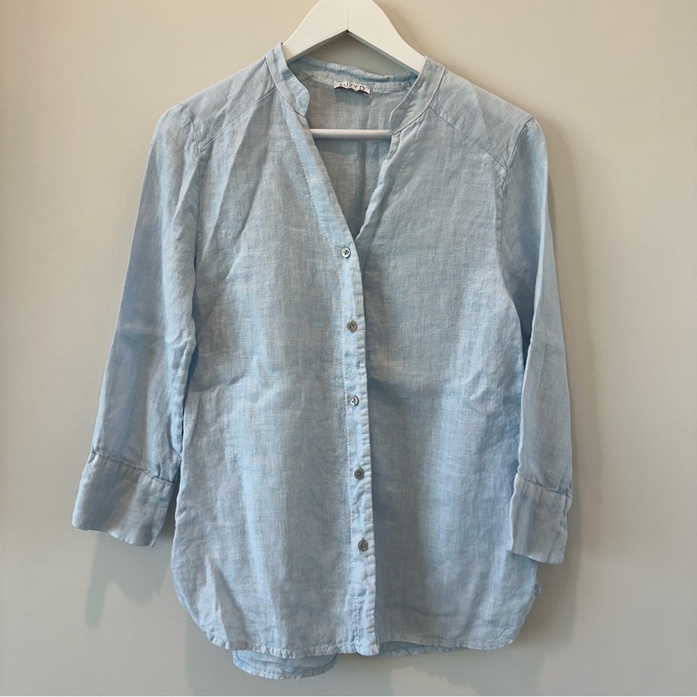 Suzy D Madison Linen V Neck Shirt Blouse Button Up Beach Career Casual Natural - Picture 2 of 13